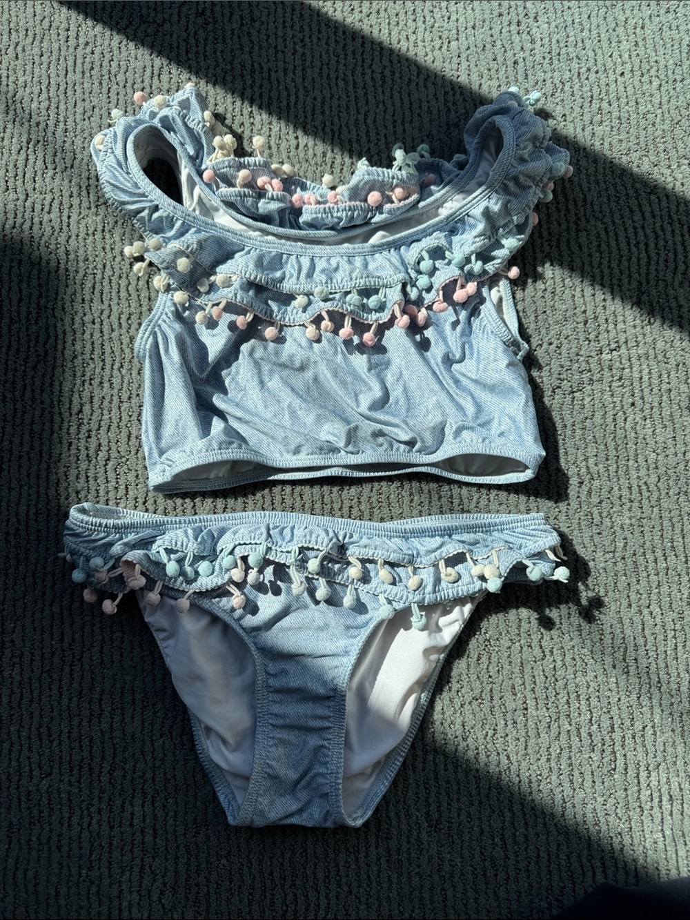 Pilyq Light Blue Girls Bikini with Pastel Pom-Pom Trim